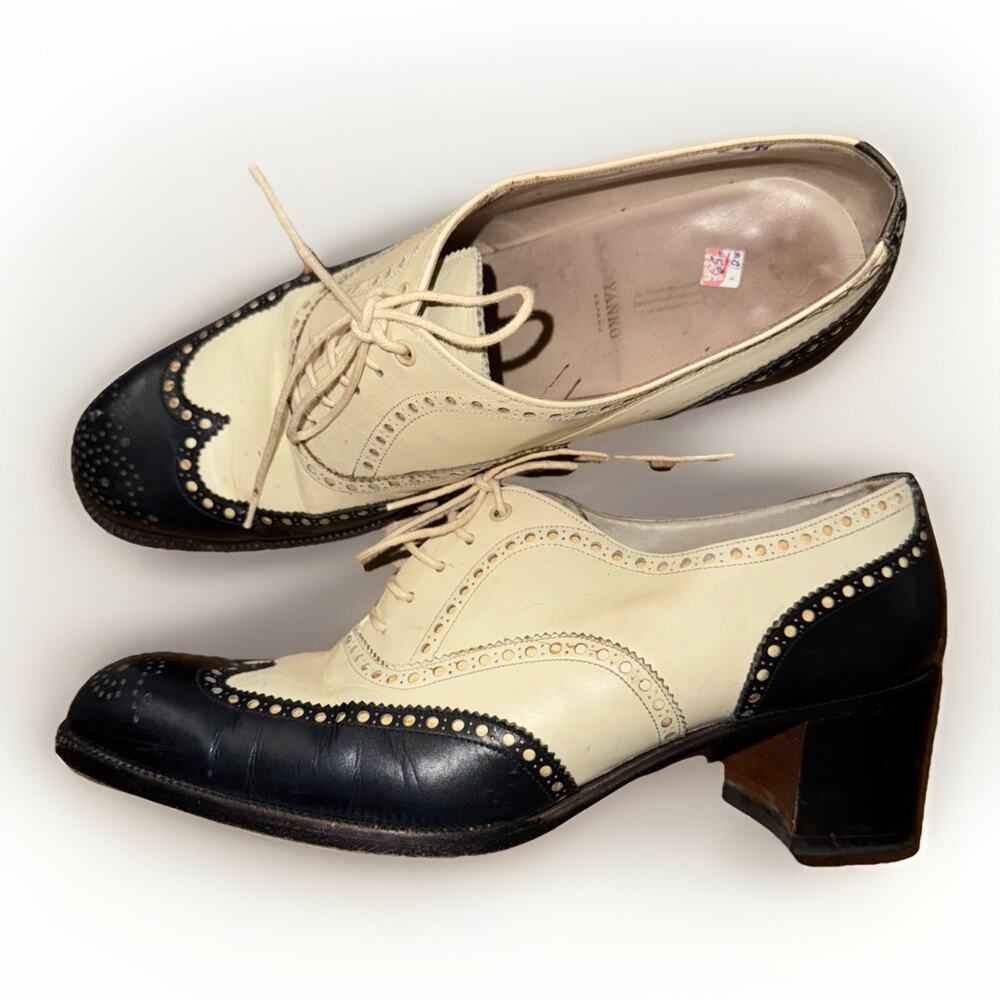 Yanko Espana Healed Wingtip Dress Shoes While And Black 9.5 Made In Spain - Picture 3 of 7